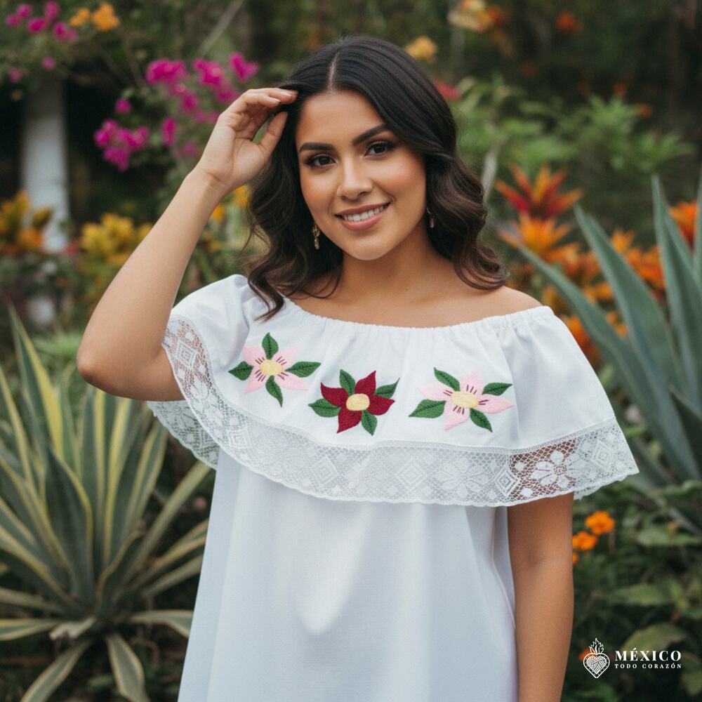 Traditional hand embroidered blouse Flowers 25 x 27.5 in  Size LG to XLG